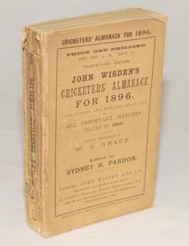 Wisden Cricketers’ Almanack 1896. 33rd edition. Original paper wrappers. Very minor wear to wrappers, some wear with loss to the spine paper otherwise in good/very good condition