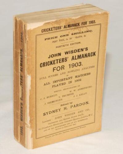 Wisden Cricketers’ Almanack 1903. 40th edition. Original paper wrappers. Some age toning, wear and loss to wrapper extremities and one rear corner, front wrapper detached, contents in good condition