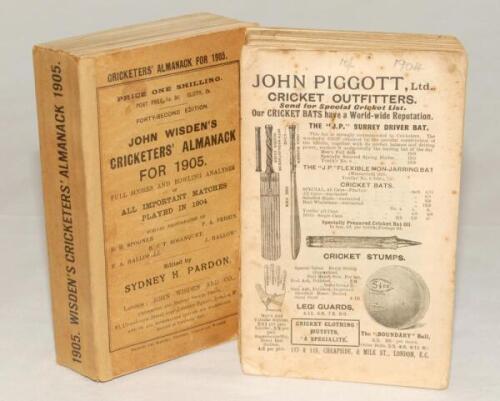 Wisden Cricketers’ Almanack 1904 and 1905. 41st and 42nd editions. The 1904 edition lacking front wrapper but including rear wrapper. Breaking to the spine block and major loss of spine paper otherwise in good condition. The 1905 edition with original wra