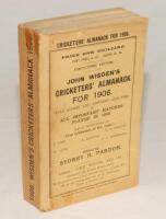 Wisden Cricketers’ Almanack 1906. 43rd edition. Original paper wrappers. Replacement spine with printed title. Minor wear and age toning to wrappers, two small old tape marks to spine otherwise in good/very good condition