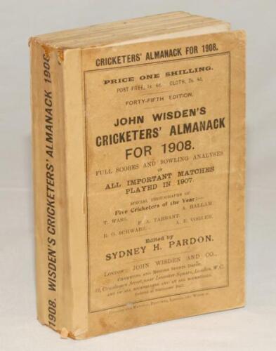 Wisden Cricketers’ Almanack 1908. 45th edition. Original paper wrappers. Replacement spine with printed title. Some wear and age toning to wrappers, breaking to front internal hinges otherwise in good/very good condition internally