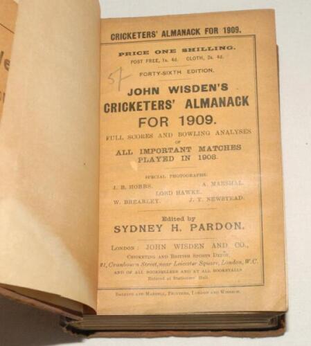 Wisden Cricketers’ Almanack 1909. 46th edition. Bound in brown boards, original paper wrappers, titles in gilt to spine. Some wear and soiling to wrappers, some signs of old damp staining to book otherwise in good overall condition