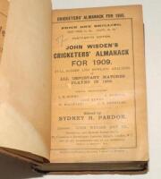 Wisden Cricketers’ Almanack 1909. 46th edition. Bound in brown boards, original paper wrappers, titles in gilt to spine. Some wear and soiling to wrappers, some signs of old damp staining to book otherwise in good overall condition