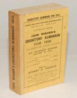 Wisden Cricketers’ Almanack 1915. 52nd edition. Original paper wrappers. Replacement spine with printed title. Very minor wear to wrappers, name ‘McKenna’ handwritten across page block edge otherwise in good/very good condition