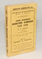 Wisden Cricketers‚‘ Almanack 1916. 53rd edition. Original paper wrappers. Some light creasing to wrappers, minor mark to lower border of front wrapper, otherwise in good/very good condition. Rare war-time edition