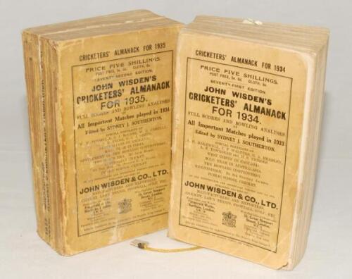 Wisden Cricketers’ Almanack 1934 and 1935. 71st & 72nd editions. Original paper wrappers. The 1934 with some age toning and wear to wrappers and to spine paper with some loss, some breaking to spine block, minor staining to page block edge, the 1935 editi