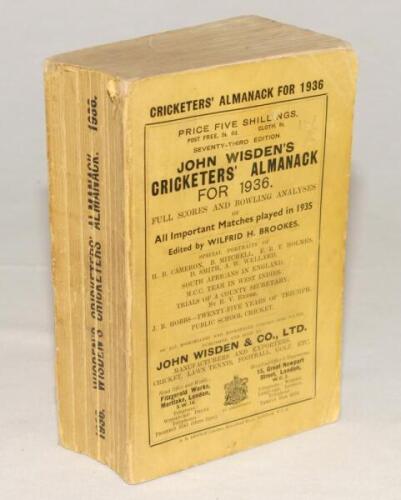 Wisden Cricketers’ Almanack 1936. 73rd edition. Original paper wrappers. Slight bowing to spine, minor wear to wrappers and spine paper, small loss to head of spine paper otherwise in good condition