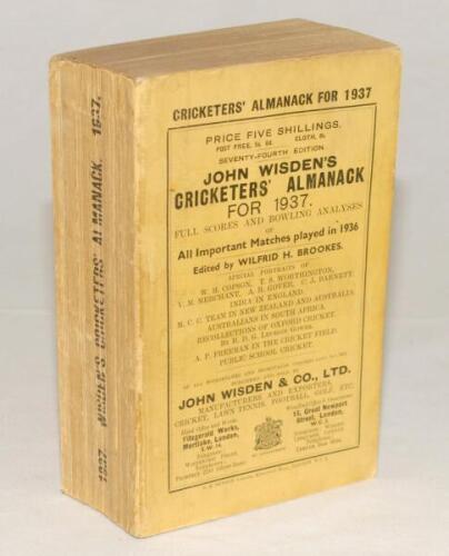 Wisden Cricketers’ Almanack 1937. 74th edition. Original paper wrappers. Minor wear and slight age toning to wrappers and spine paper otherwise in good+ condition