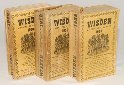 Wisden Cricketers’ Almanack 1938, 1939 and 1940. 75th, 76th, and 77th editions. Original cloth covers. Some minor bowing to the 1938 and 1940 editions, soiling, age toning and wear to covers and spines, the 1938 edition with light spotting to page block e