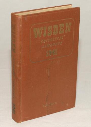 Wisden Cricketers‚‘ Almanack 1941. 78th edition. Original hardback. Only 800 hardback copies were printed in this war year. Vertical cease to the centre of the front board, dulled gilt titles to spine, dulled gilt titles to front board, some minor wear to