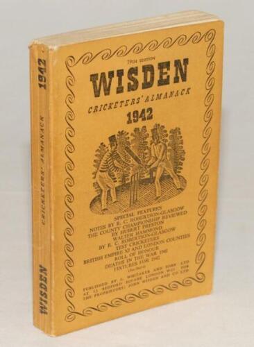 Wisden Cricketers‚‘ Almanack 1942. 79th edition. Original limp cloth covers. Only 4100 paper copies printed in this war year. Minor breaking to front internal hinge otherwise in good/very good condition. Small handwritten name of ownership to inside front