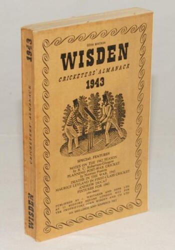 Wisden Cricketers‚‘ Almanack 1943. 80th edition. Original limp cloth covers. Only 5600 paper copies printed in this war year. Very minor mark to front cover otherwise in very good condition. Small handwritten name of ownership to inside front cover. Rare 