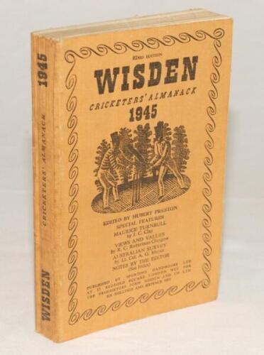 Wisden Cricketers‚‘ Almanack 1945. 82nd edition. Original limp cloth covers. Only 6500 paper copies printed in this war year. Minor marks to front cover, slight foxing to spine paper, slight soiking to page block edge otherwise in good/very good condition