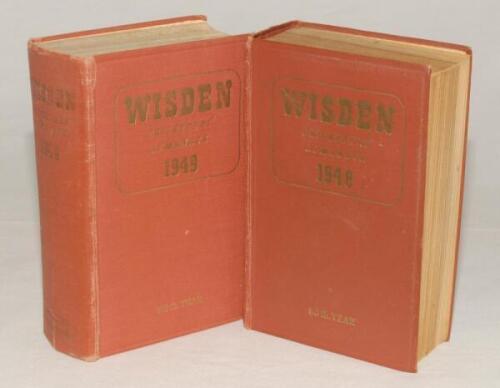 Wisden Cricketers‚‘ Almanack 1948 and 1949. Original hardback. The 1948 edition with minor wear to boards and spine paper, dulling to gilt titles on spine, browning to page edges otherwise in good condition, the 1949 edition with some wear to spine extrem