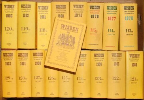 Wisden Cricketers‚‘ Almanack 1976 to 1993. Original hardbacks with dustwrapper with the exception of the 1981 edition which is a softback edition. Odd minor faults to the dustwrapper otherwise in good/very good condition. Qty 18