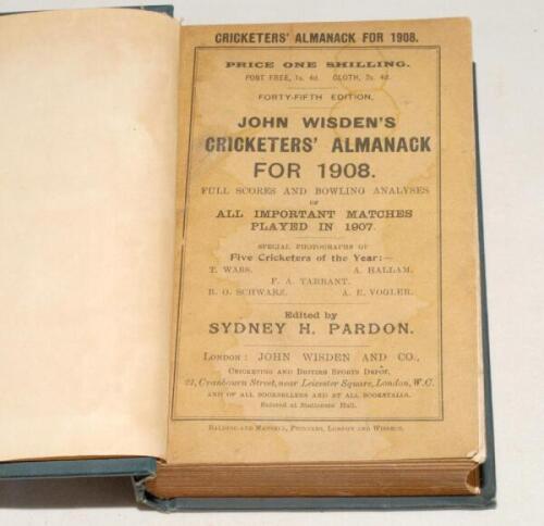 Wisden Cricketers‚‘ Almanack 1908. 45th edition. Bound in green boards, with original paper wrappers, with gilt titles to spine, red speckled page edges. Minor wear and minor soiling to wrappers otherwise in good+condition