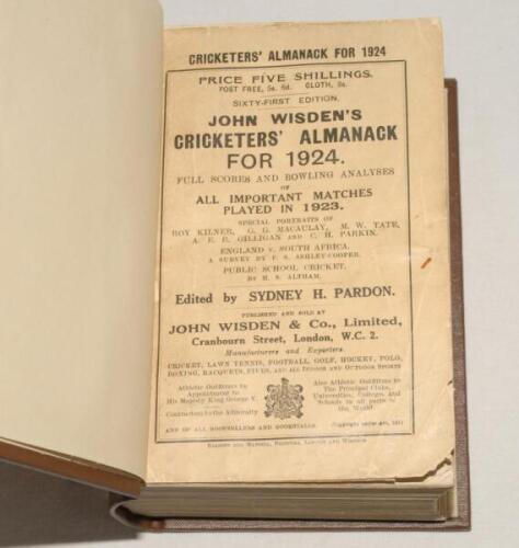 Wisden Cricketers‚‘ Almanack 1924 and 1925. 61st & 62nd editions. Both editions bound in dark brown boards, with original paper wrappers, with gilt titles to spine. The 1924 edition with fading and werar to wrappers, minor loss to one corner, the 1925 edi