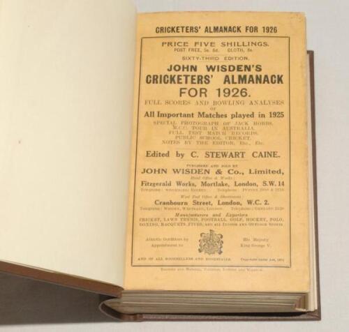 Wisden Cricketers‚‘ Almanack 1926. 63rd edition. Bound in dark brown boards, with original paper wrappers, with gilt titles to spine. Good/very good condition