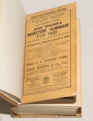 Wisden Cricketers‚‘ Almanack 1930. 67th edition. Bound in light brown boards, with original paper wrappers, with gilt titles to spine. Minor wear and soiling to wrappers otherwise in good/very good condition