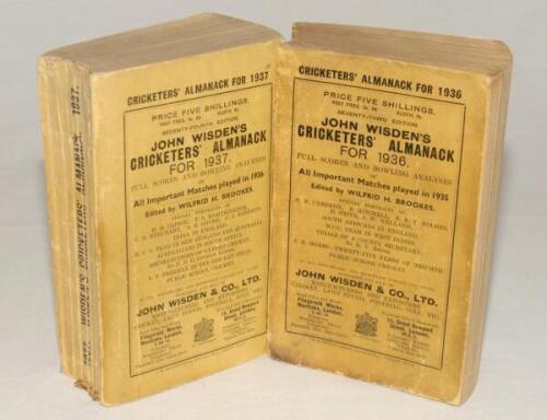 Wisden Cricketers‚‘ Almanack 1936 and 1937. 73rd & 74th editions. Original paper wrappers. Both editions with some bowing to spine, the 1936 edition with some wear and soiled wrappers and spine paper, some staining, the 1937 edition with light soiling to 