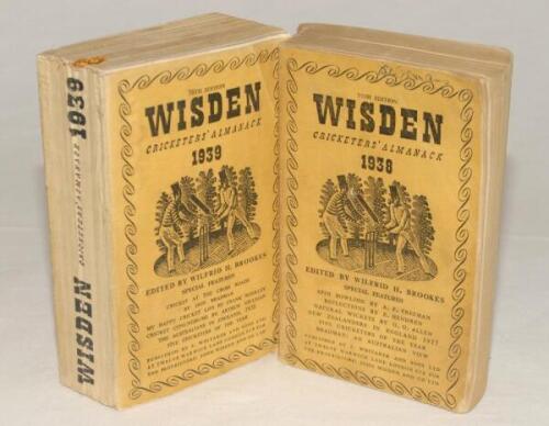 Wisden Cricketers‚‘ Almanack 1938 and 1939. 75th & 76th editions. Original limp cloth covers. The 1938 edition with name handwritten to top border of front cover and to top border of the first advertising page, some soiling and minor wear to covers, the 