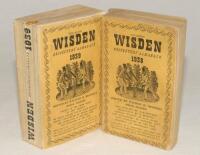 Wisden Cricketers‚‘ Almanack 1938 and 1939. 75th & 76th editions. Original limp cloth covers. The 1938 edition with name handwritten to top border of front cover and to top border of the first advertising page, some soiling and minor wear to covers, the 