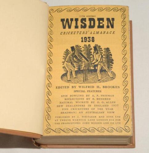 Wisden Cricketers‚‘ Almanack 1938. 75th edition. Bound in dark brown boards, with original cloth covers, with gilt titles to spine. Very light soiling to covers otherwise in good/very good condition