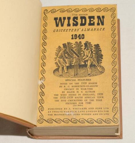 Wisden Cricketers‚‘ Almanack 1940. 76th edition. Bound in dark brown boards, with original cloth covers, with gilt titles to spine. Very light soiling to covers, minor mark otherwise in good/very good condition