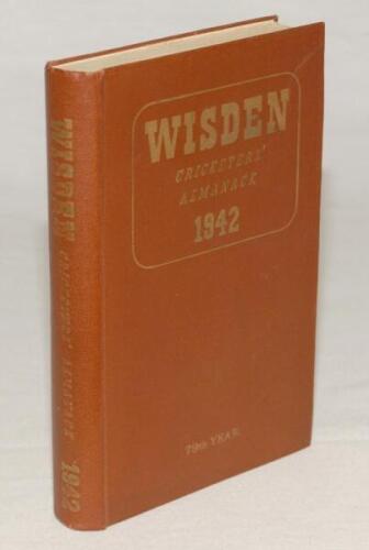 Wisden Cricketers‚‘ Almanack 1942. 79th edition. Original hardback. Only 900 hardback copies were printed in this war year. Very minor wear to gilt titles on spine paper otherwise in very good condition. A rare wartime edition