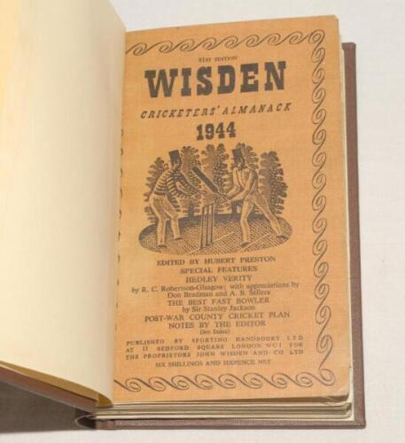 Wisden Cricketers‚‘ Almanack 1944. 81st edition. Only 5600 copies printed in this war year. Bound in dark brown boards, with original cloth covers, with titles in gilt to spine. Ex Bishops Stortford College library with remains of label to inside front co