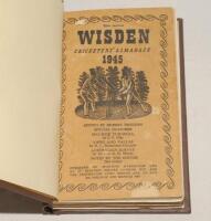 Wisden Cricketers‚‘ Almanack 1945. 82nd edition. Only 5600 copies printed in this war year. Bound in dark brown boards, with original cloth covers, with titles in gilt to spine. Some stating to front cover, heavy staining to rear wrapper affecting quite a