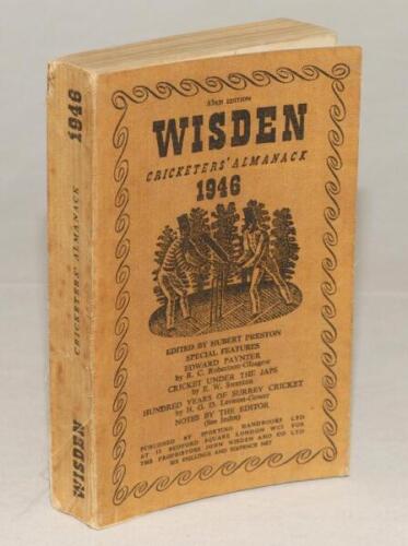 Wisden Cricketers’ Almanack 1946. 83rd edition. Original limp cloth covers. Slight darkening to covers, some foxing to spine paper otherwise in good condition