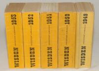 Wisden Cricketers’ Almanack 1949 to 1953 Original limp cloth covers. The 1949 and 1950 editions with some bowing to spines, the 1951 edition with breaking internal hinges and the 1952 edition with breaking to front internal hinges otherwise in good cond