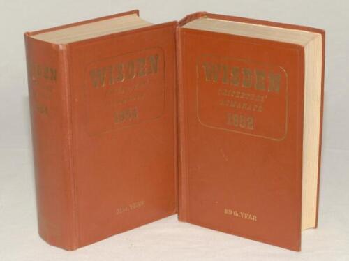 Wisden Cricketers‚‘ Almanack 1952 & 1954. Original hardback editions. Both books in good/very good condition with the exception that the 1952 edition has breaking to front and rear internal hinges and the 1954 edition breaking to the front internal hinge.