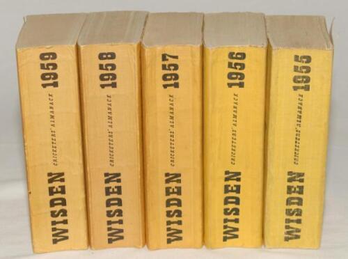 Wisden Cricketers’ Almanack 1955 to 1959 Original limp cloth covers. The 1956 and 1957 editions with some bowing to spines, the 1956 edition with breaking to spine block, odd further minor faults otherwise in good condition. Qty 5