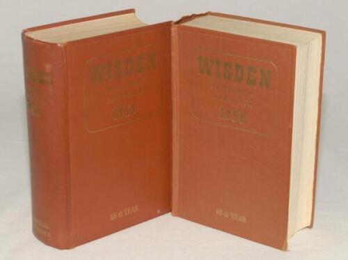 Wisden Cricketers‚‘ Almanack 1958 & 1959. Original hardback editions. The 1958 edition has dulling to the gilt titles on the spine paper, the 1959 edition has a worn front internal hinge otherwise in good/very good condition. Qty 2