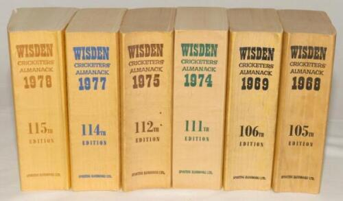 Wisden Cricketers’ Almanack 1968, 1969, 1974, 1975, 1977 and 1978. Original limp cloth covers. Slight bowing to the spines of the 1968, 1969 and 1975 editions otherwise in good+ condition. Qty 6