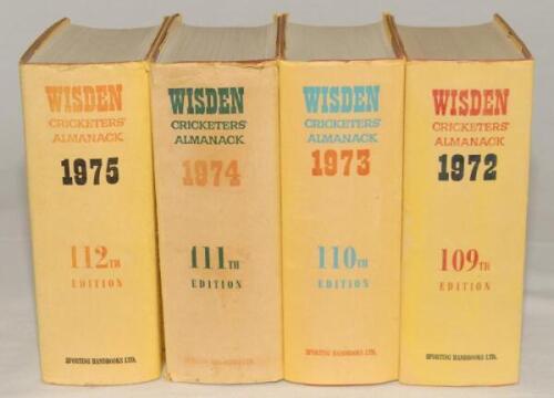 Wisden Cricketers‚‘ Almanack 1972 to 1975. Original hardbacks with dustwrapper. Minor wear and age toning to odd dustrapper spine otherwise in good/very good condition. Qty 4