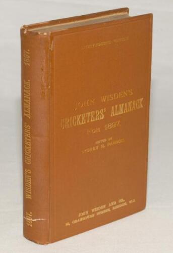 Wisden Cricketers‚‘ Almanack 1897. 34th edition. Original hardback. Broken rear internal hinge, small break to the top of the front internal hinge, some adhesive marks around the hinge area at both rear and to a lesser extent at the front of the book, sma