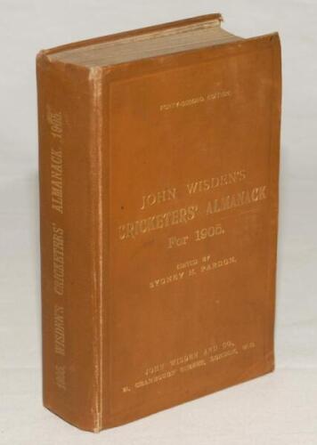 Wisden Cricketers‚‘ Almanack 1905. 42nd edition. Original hardback. Some general wear to boards and spine, slight dulling to gilt titles on front board and spine paper, some wear to board extremities, slight bumping to front pages at the top corner and so