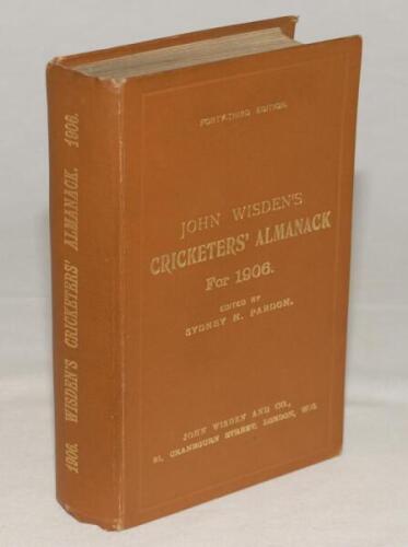 Wisden Cricketers‚‘ Almanack 1906. 43rd edition. Original hardback. Slight cracking to front internal hinge otherwise in superb condition throughout with gilt titles to front board and spine paper bright. A rare early hardback edition. Not often seen in s