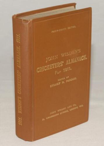 Wisden Cricketers‚‘ Almanack 1911. 48th edition. Original hardback. Excellent condition throughout with gilt titles to front board and spine bright. A rare pre-war hardback edition. Not often seen in such wonderful condition