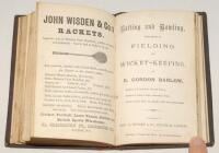 Wisden Cricketers’ Almanack 1885. 22nd edition. Lacking original paper wrappers, bound in maroon/black boards, with gilt titles to spine. Lacking front advertising page, title page and contents page plus seven advertising pages at the rear. Bound into the