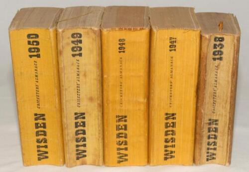 Wisden Cricketers’ Almanack 1938, 1947, 1948, 1949 and 1950. Original limp cloth covers. All editions with some bowing to their spines. The 1938 edition with soiled and worn covers, soiling to page block edge, the 1947 edition with some wear, creasing and