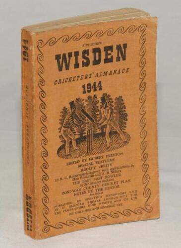 Wisden Cricketers’ Almanack 1944. 81st edition. Original limp cloth covers. Only 5600 paper copies printed in this war year. Some minor soiling and wear to covers and spine paper, bumping to top right hand corner of the book otherwise in good condition. 