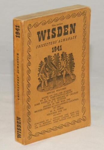 Wisden Cricketers‚‘ Almanack 1941. 78th edition. Original limp cloth covers. Only 3200 paper copies printed in this war year. Some minor soiling and wear to covers and spine paper, minor wear to corners otherwise in good+ condition. Rare war-time edition