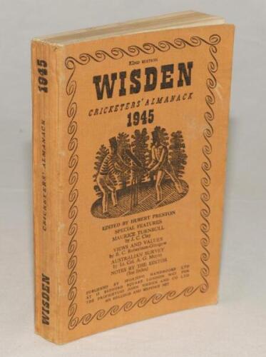 Wisden Cricketers’ Almanack 1945. 82nd edition. Original limp cloth covers. Only 6500 paper copies printed in this war year. Minor wear. light crease and minor marks to covers otherwise in good+ condition. Rare war-time edition