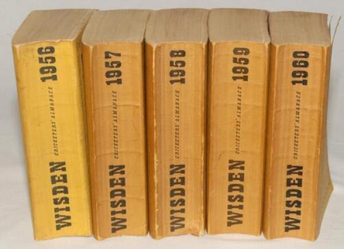 Wisden Cricketers’ Almanack 1956 to 1960. Original limp cloth covers. All editions with some bowing to their spines to a greater or lesser degree and some soiling to covers. The 1957 edition with two pages detached to rear, the 1958 edition with minor tea