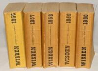 Wisden Cricketers’ Almanack 1956 to 1960. Original limp cloth covers. All editions with some bowing to their spines to a greater or lesser degree and some soiling to covers. The 1957 edition with two pages detached to rear, the 1958 edition with minor tea