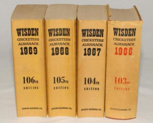 Wisden Cricketers’ Almanack 1966 to 1969. Original limp cloth covers with the exception of the 1966 which is an original hardback edition with dustwrapper. All three softback editions with some minor bowing to their spines and some minor soiling/darkening